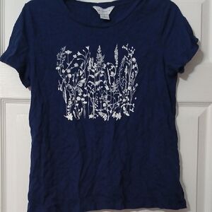 Liz Claiborne Navy Blue Short Sleeve Tee with White Floral Print